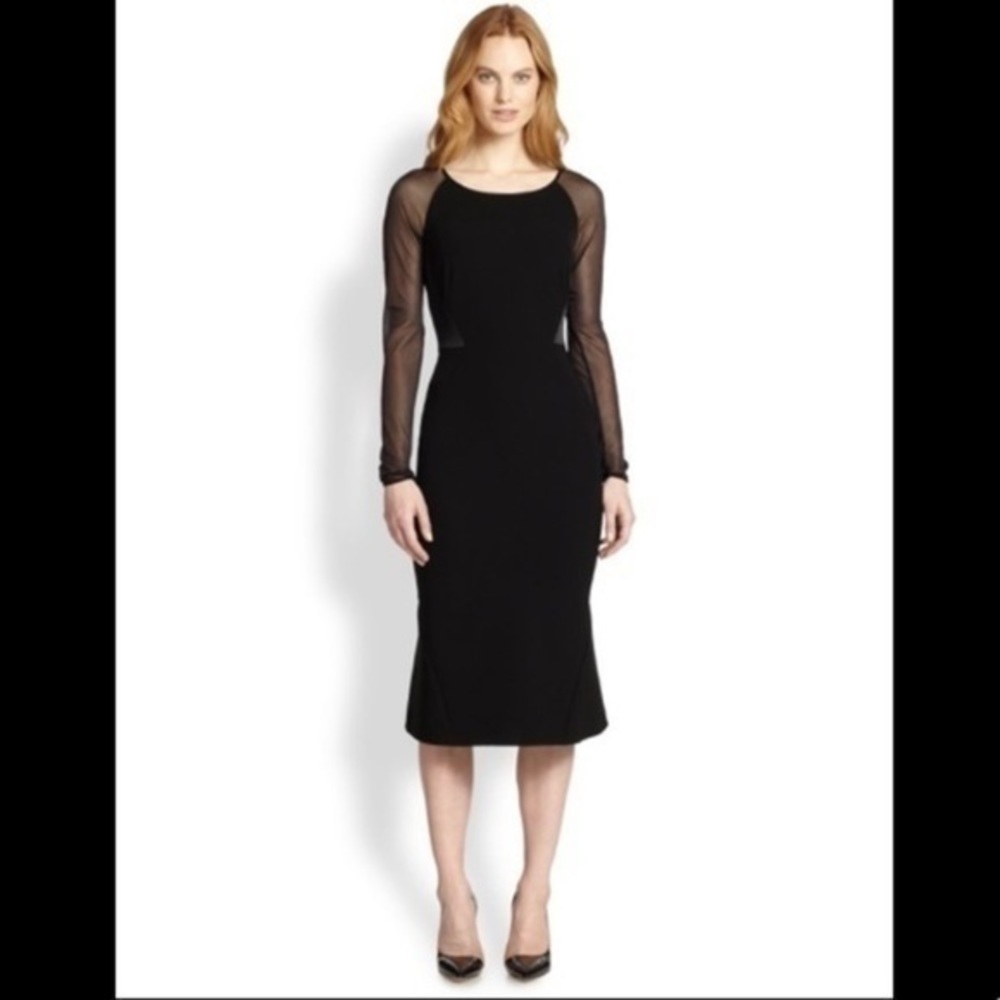 Lafayette 148 New York Black Midi Dress with Sheer Long Sleeves
